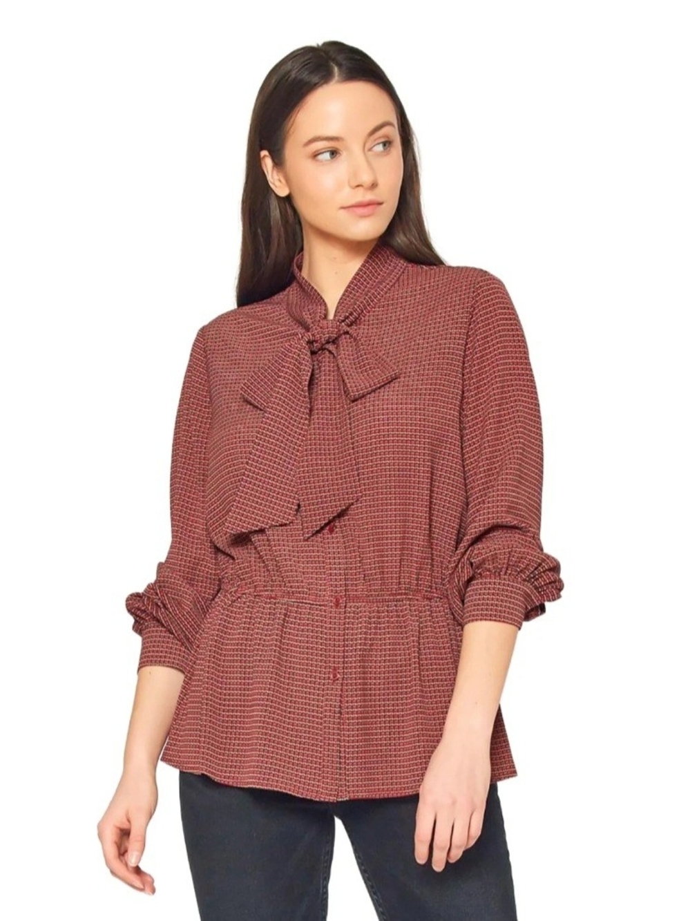 Pleione Burgundy Tie-Neck Peplum Blouse